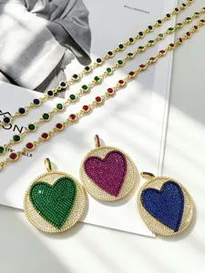DIY Cubic Zirconia Heart Pendant Jewelry Set with Colorful Stone Beaded Chain Accessories