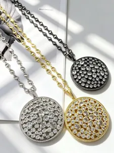 Luxury rhinestone circle pendant long necklace statement fashion jewelry set silver gold black