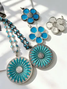 DIY blue enamel rhinestone flower pendants and beaded chains jewelry accessory details.