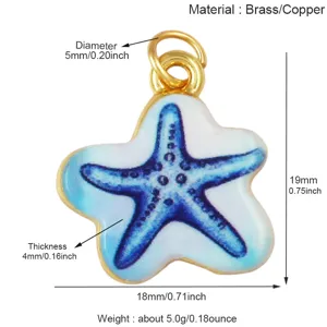 Messing blauwe geëmailleerde zeester hanger charm gedetailleerde maat en materiaalspecificatie.