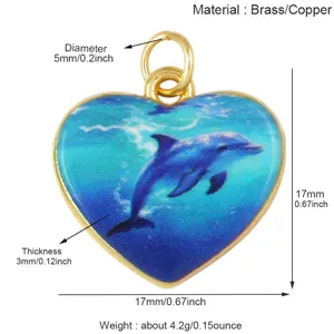 Messing dolfijn hart hanger ketting accessoire met gedetailleerde maten en parameters.