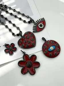 DIY jewelry accessories set featuring red enamel black zircon evil eye heart flower pendants.