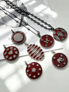 Red enamel rhinestone pendant necklace set DIY fashion jewelry accessories sparkling zircon charms.