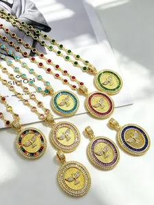 Gold-plated colorful crystal round dove pendant necklace fashion jewelry detailed accessory set.
