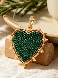 Exquisite heart-shaped DIY jewelry pendant, featuring green pave zircon and gold finish details.