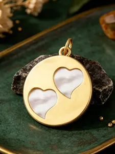 Gold round pendant featuring double heart white mother of pearl inlay chic diy jewelry charm