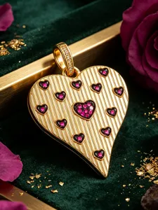Detailed shot of gold-plated heart pendant with vertical ribs and sparkling pink cubic zirconia.