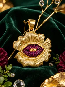 Exquisite gold-toned metal flower pendant featuring sparkling red and purple cubic zirconia.