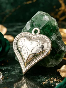 Close-up of a silver heart pendant with floral engraving, detailed DIY jewelry charm for crafts.