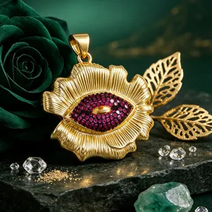 Gold flower pendant with colorful zircon stones luxury jewelry charm for DIY accessories necklace