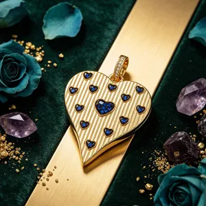 Gold heart pendant charm with blue zircon stones and striped design for DIY jewelry making.