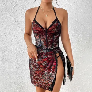 Mini abito sexy floreale in pizzo halter schiena scoperta per festa club donne di moda.