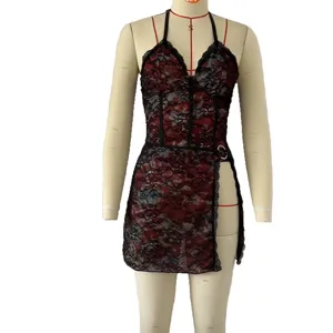 Abito sexy rosso e nero in pizzo halter schiena scoperta clubwear minidress spacco festa