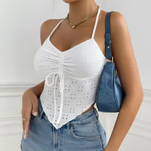 White eyelet halter crop top with front drawstring, sexy sleeveless slim fit summer camisole.