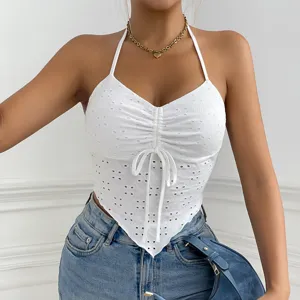 Sexy white halter eyelet crop top with drawstring irregular hem for women summer fashion