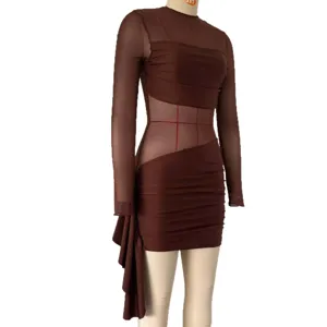 Brown mesh spliced ruched long sleeve bodycon dress detail view, stylish cutout design.