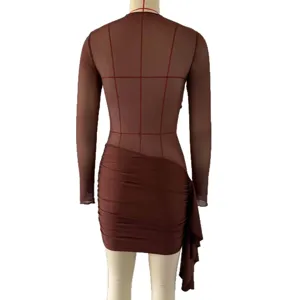 Sexy brown mesh sheer long sleeve bodycon dress with ruched skirt detail, stylish party wear