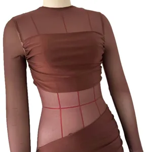 Brown sheer mesh long sleeve dress sexy ruched bodycon dress detail view, chic street style.