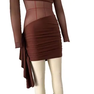 Close-up of the mesh sheer patchwork and ruched asymmetrical bodycon dress detail.