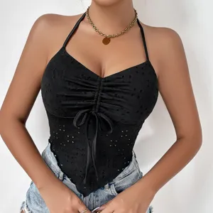 Women's black halter neck lace-up cropped camisole top, casual slim fit sleeveless shirt.
