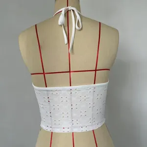 White halter crop top with eyelet embroidery, sleeveless backless summer camisole for women.