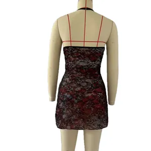 Vestito corto sexy senza schiena in pizzo halter clubwear elegante vestito rosso e nero