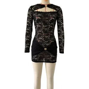 Black lace long sleeve mini dress sexy cutout slim fit clubwear party dress for women