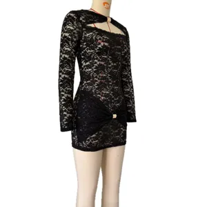Black lace long sleeve dress detail, sexy cut out bodycon mini dress for women's fashion.