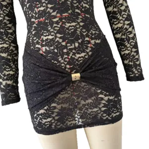 Black lace long sleeve bodycon mini dress featuring stylish waist metal buckle detail.