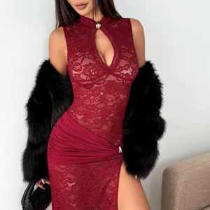 Close-up details of the dark red lace sheer high split bodycon dress showcasing exquisite design.