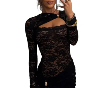 Sexy black lace long sleeve dress with cutout detail, stylish slim fit bodycon party dress.