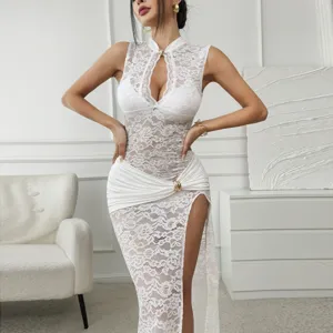 Detail view of white lace sleeveless high-split slim bodycon midi dress, elegant sexy style.