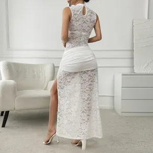 White lace sheer sleeveless high split bodycon maxi dress for women elegant party wear