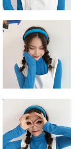 Candy color wide hairband paired with blue long sleeve top and white dress detail view style.