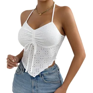 Sexy white halter neck camisole for women, slim fit drawstring irregular strap crop top.