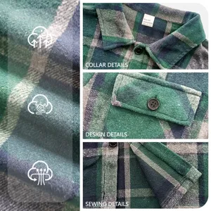 Grünes kariertes Flanellhemd Detail Nahaufnahme zeigt Kragen, Doppeltaschen und feine Nähte.
