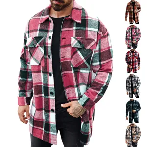Herren Lang Kariertes Hemdjacke Einreihig Reverskragen Lässig Flanell Textur Doppeltaschen Oberbekleidung Mantel Polyester