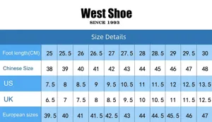 Detailed size chart for men's casual shoes showing foot length, US, UK, and Euro sizes.