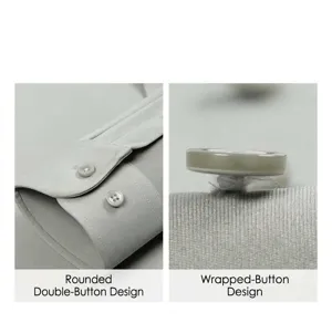 Detailed view of men's solid long sleeve dress shirt showing rounded double button cuffs.