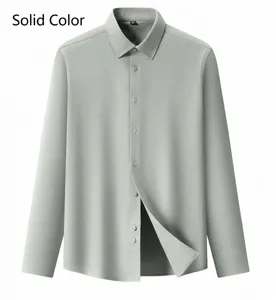 Detailed view of men's solid color long sleeve business casual button down shirt fabric.