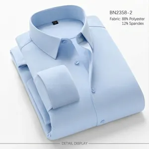 Close up view of light blue long sleeve dress shirt collar and button detail design