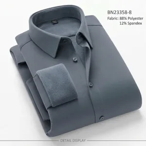 Solid color stretch long sleeve men dress shirt detail, wrinkle free business casual top.