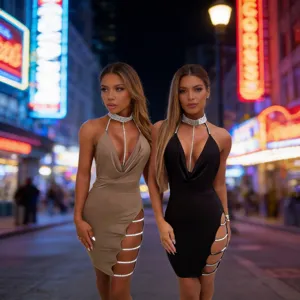Sexy Women Rhinestone Halter Neck Bodycon Mini Dress Side Slit Low Cut Backless Chlorofiber Spandex Nightclub Party Dress