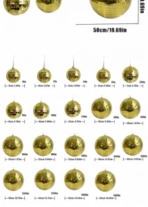 Goldene Diskokugel Spiegelglas Größentabelle für Party Hochzeit und Weihnachtsdekoration.