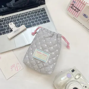 Korean polka dot quilted drawstring storage bag cute portable makeup pouch cosmetic organizer