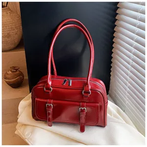 Red oil-wax leather shoulder bag stylish commuter pillow bag with dual front buckle pockets