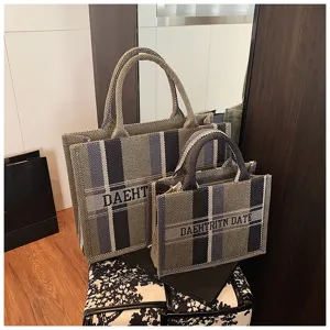Segeltuch Tote Bag Set, große Kapazität gestreifte Umhängetasche, lässige Alltagstasche.