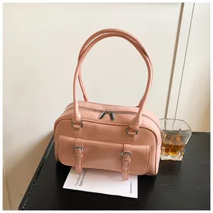 Pink oil wax leather shoulder bag fashion underarm pillow bag for women casual daily commuting tote