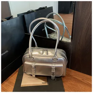 Silver metallic oil leather commuter shoulder bag, trendy underarm pillow bag for women.