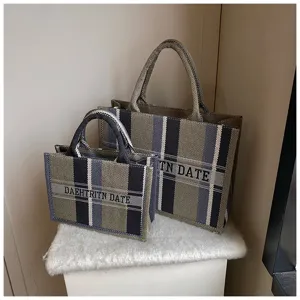 Elegante gestreifte Canvas-Tragetasche Set, große Freizeit Handtasche für Damen Büro Alltag.